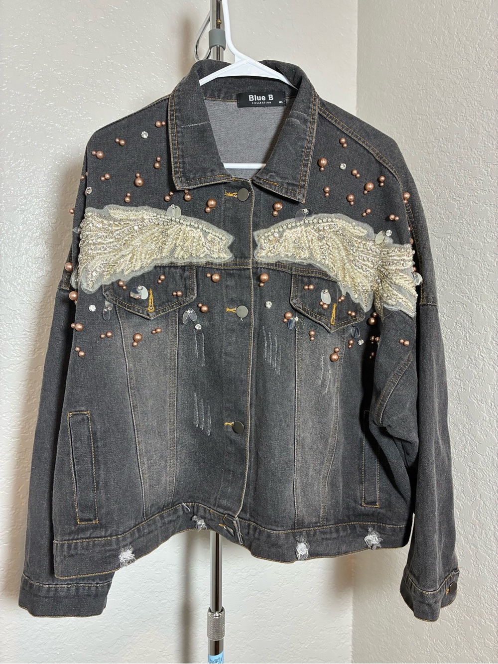 Blue B Black Embellished Denim Jacket with Cream Appliqué Distressed Size L/XL
